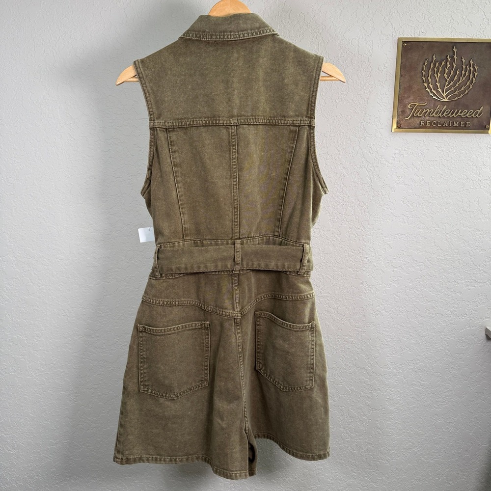 Avec Les Filles Denim Romper Olive Green Sleeveless Belted Utility Snap‎ Front L - Picture 9 of 10